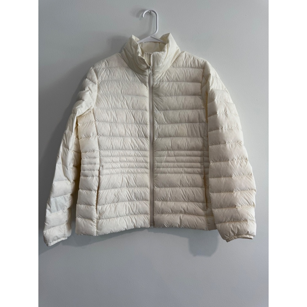 Lands'‎ End Ultralight Down Puffer Jacket Women M P 10-12 Ivory Quilted Zip